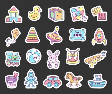Şato, ördek, küp, bulmaca, uçurtma, top, tavşan, robot ve gemi gibi çeşitli karakterlerin yer aldığı sevimli kawaii çizgi film karakterleriyle dolu oyuncak seti.
