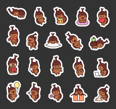 Gergedan böceği karakter seti çeşitli duygu ve eylemleri sevimli kawaii karikatür tarzında gösteriyor, gülümseme, selamlama, okuma, yeme ve daha sevimli pozlar sunuyor.