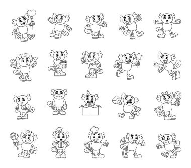 Axolotl retro karakter seti; eldivenler, botlar, sihirli değnek, mezuniyet şapkası, parti şapkası gibi çeşitli duygu ve aksesuarlarla donatılmıştır.