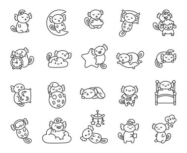 Çok güzel bir gece uykusu seti yastıklar, bulutlar, yıldızlar ve sevimli kawaii karikatür tarzında rahat dinlenme pozisyonlarıyla ve projelerinizle sevimli uyku zamanı anları içeriyor.