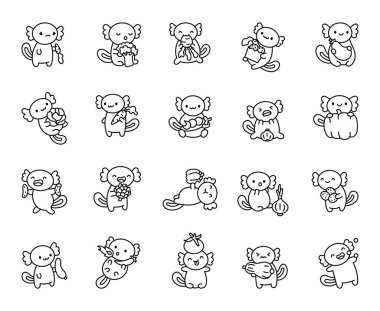 Axolotl komik karakter seti sevimli kawaii çizgi film duygularıyla yaratıcı yemek çizimleri için taze sebzeler yemek ve beslenme fikirleri için sağlıklı atıştırmalık tasarımlar tutuyor.