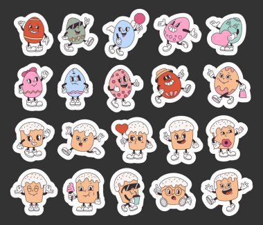 Paskalya bayramı seti, komik duyguları, büyüleyici pozları, şık aksesuarları, lezzetli yemekleri, ferahlatıcı içkileri ve şenlikli dekorasyonları olan tatlı, modaya uygun yumurta ve kek karakterleri.