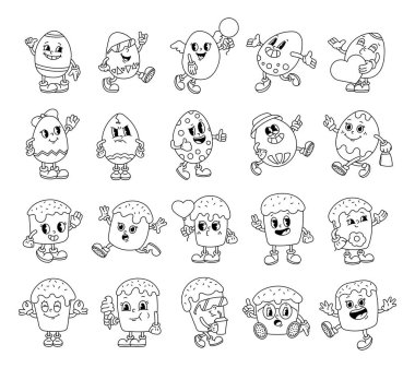 Paskalya bayramı seti, komik duyguları, büyüleyici pozları, şık aksesuarları, lezzetli yemekleri, ferahlatıcı içkileri ve şenlikli dekorasyonları olan tatlı, modaya uygun yumurta ve kek karakterleri.