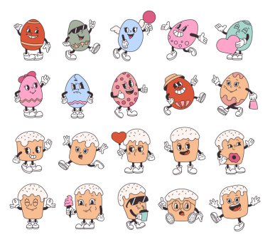 Paskalya bayramı seti, komik duyguları, büyüleyici pozları, şık aksesuarları, lezzetli yemekleri, ferahlatıcı içkileri ve şenlikli dekorasyonları olan tatlı, modaya uygun yumurta ve kek karakterleri.