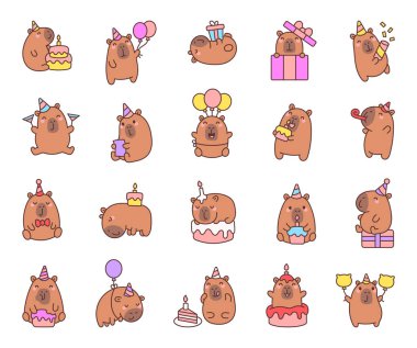 Parti şapkası, pastası, balonu, hediyesi, konfetisi, mumu, tebrik kartı ve çeşitli neşeli pozlarda neşeli aksesuarları olan sevimli karakterlerin yer aldığı sevimli Capybara doğum günü seti.