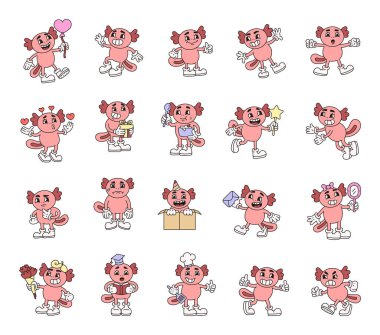Axolotl retro karakter seti; eldivenler, botlar, sihirli değnek, mezuniyet şapkası, parti şapkası gibi çeşitli duygu ve aksesuarlarla donatılmıştır.