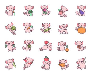 Axolotl komik karakter seti sevimli kawaii çizgi film duygularıyla yaratıcı yemek çizimleri için taze sebzeler yemek ve beslenme fikirleri için sağlıklı atıştırmalık tasarımlar tutuyor.