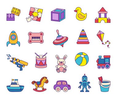 Çocuklar için lego, bulmaca, müzik enstrümanları, araçlar ve açık hava aktivitesi gibi klasik ve modern oyuncaklar da dahil olmak üzere çeşitli eğlenceli ve eğitici nesneler içeren oyuncak seti