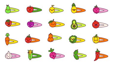 Şirin bir taslak çizimi olan bir dizi meyve ve sebze saç tokası, şık moda için mükemmel, çocuk aksesuarları, ve senin tasarım projelerin için dekoratif unsurlar.