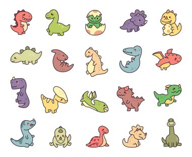 Sevimli dinozor karakter seti sevimli kawaii tarih öncesi sürüngenler çeşitli pozlar ve duygular içerir, yumurtadan çıkmak, uçmak, kükremek ve büyüleyici bir dünyada dinlenmek de dahil.