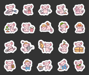 Şirin kawaii axolotl çiftliği seti. Hayvanlara, bitkilere bakan, sepetleri taşıyan, tohum eken, hasat eden ve tarımda hasır şapka takan sevimli çizgi film karakterleriyle dolu.