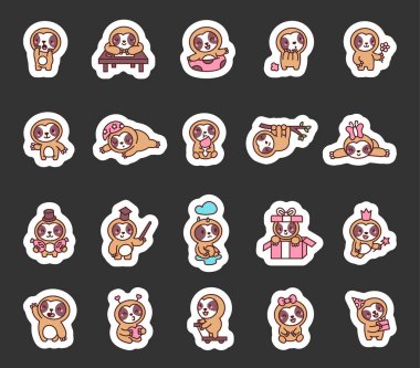 Sevimli kawaii çizgi film karakterlerinin yer aldığı tembel hayvan seti farklı duyguları ifade eden ve sizin tasarım projeleriniz için kutlama, rahatlama, oyun ve günlük aktivitelerden zevk alırken poz veren.