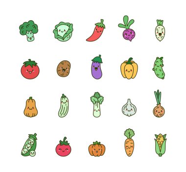 Şirin kawaii sebze seti, güler yüzlü, sağlıklı beslenmek için mükemmel, çiftlik pazarı, organik gıda, taze salata, yemek pişirme ve mevsimsel hasat çizimleri