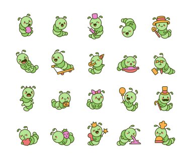 Sevimli tırtıl setinde çeşitli duygular, aksesuarlar ve Kawaii karikatür stilinde aktiviteler var. Buna doğum günü, iş, sihir ve projeleriniz için günlük yaşam anları da dahil.