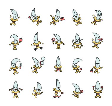 Farklı duygular gösteren, çeşitli nesneler tutan ve yaratıcı projeler için sevimli bir kawaii çizgi film tarzında birden fazla faaliyet gösteren sevimli hançer bıçak karakterleri.