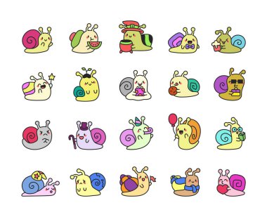 Çeşitli duygular, eğlenceli aksesuarlar, lezzetli yemekler, sihirli elementler, hoş eşarp, kitaplar, güneş gözlükleri içeren sevimli salyangoz karakter seti.