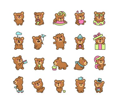 Bayram temaları, hava unsurları, ulaşım, hediyeler ve oyuncu etkileşimler gibi çeşitli duygular, aksesuarlar ve nesnelerle donatılmış sevimli bir ayı karakteri.