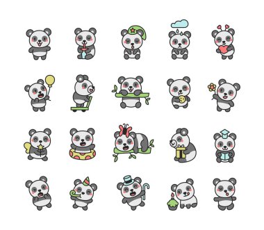 Bayram temaları, hava unsurları, ulaşım, hediyeler ve eğlenceli etkileşimler de dahil olmak üzere çeşitli duygular, aksesuarlar ve objeler içeren sevimli panda karakter seti