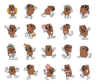 Capybara karakteri çeşitli duygular, eğlenceli ifadeler, şık aksesuarlar ve tapılası pozlar sergiliyor. Sizin yaratıcı projeleriniz için mükemmel bir çizgi film tarzı.