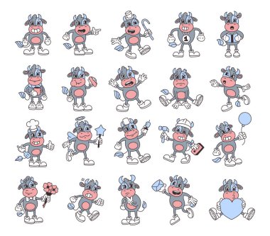 Değişik duygular, aksesuarlar, oyuncu pozlar, eğlenceli ifadeler, büyüleyici detaylar ve modaya uygun çizgi film tarzında yaratıcı unsurlar içeren sevimli inek karakter seti.