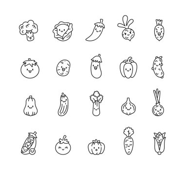 Şirin kawaii sebze seti, güler yüzlü, sağlıklı beslenmek için mükemmel, çiftlik pazarı, organik gıda, taze salata, yemek pişirme ve mevsimsel hasat çizimleri