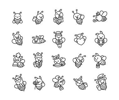 Çeşitli duyguları ifade eden, elinde farklı nesneler tutan ve sizin projeleriniz için kutlama, iş ve günlük aktiviteler için eğlenceli aksesuarlar takan sevimli arı karakterleri.