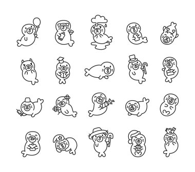 Farklı duyguları, eğlenceli aksesuarları, komik pozları ve yaratıcı projeler için deniz karikatürü tarzında eğlenceli ifadeleri olan sevimli kawaii fok karakterleri.