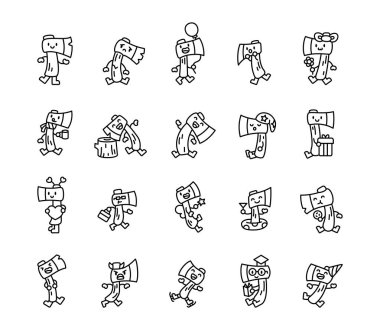 Farklı duyguları ifade eden sevimli kawaii balta karakterleri, çeşitli nesneler, ve yaratıcı projeler için büyüleyici bir çizgi film stili ile eğlenceli aksesuarlar giymek