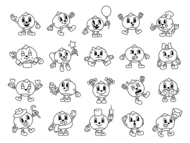 Farklı duygulara, aksesuarlara ve eski moda çizgi film tarzında aktivitelere sahip kestane rengi karakter seti sizin için eğlence, cazibe ve yaratıcılık getiren çeşitli sanat ve tasarım projeleri..