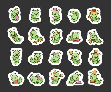 Sevimli tırtıl setinde çeşitli duygular, aksesuarlar ve Kawaii karikatür stilinde aktiviteler var. Buna doğum günü, iş, sihir ve projeleriniz için günlük yaşam anları da dahil.