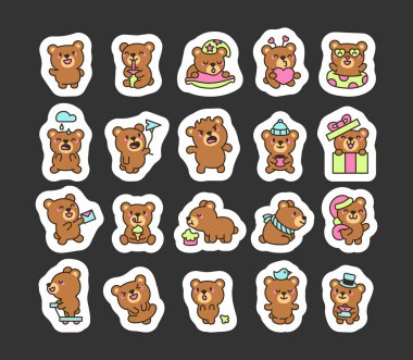 Bayram temaları, hava unsurları, ulaşım, hediyeler ve oyuncu etkileşimler gibi çeşitli duygular, aksesuarlar ve nesnelerle donatılmış sevimli bir ayı karakteri.