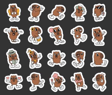 Capybara karakteri çeşitli duygular, eğlenceli ifadeler, şık aksesuarlar ve tapılası pozlar sergiliyor. Sizin yaratıcı projeleriniz için mükemmel bir çizgi film tarzı.