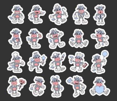 Değişik duygular, aksesuarlar, oyuncu pozlar, eğlenceli ifadeler, büyüleyici detaylar ve modaya uygun çizgi film tarzında yaratıcı unsurlar içeren sevimli inek karakter seti.