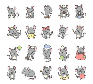 Adorable rat character set featuring various emotions, accessories, and activities, including smiling, sleeping, eating, drinking, holding objects, in a cute kawaii cartoon style