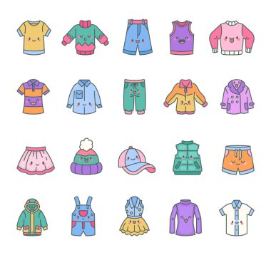 Cute and charming clothes set featuring adorable cartoon characters with expressive emotions, stylish outfits, and fashionable designs for casual, sporty, and cozy looks for yours projects