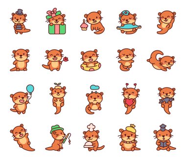 Cute otter character set featuring various poses and emotions with accessories like hat, book, flower, fishing rod, swimming pool, cupcake, heart, scarf, chef tray, balloon, and gift box