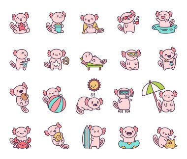 Axolotl beach vacation set featuring adorable summer activities, relaxing moments, and fun marine adventures with ocean waves, sunshine, and tropical holiday vibes for your creative projects