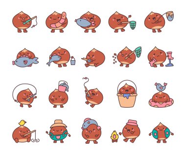 Chestnut fishing set featuring adorable cartoon characters enjoying various outdoor activities with fishing rods, fish nets, buckets, and different cute expressions and poses for yours projects