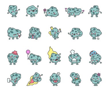 Adorable meteor character set with various emotions, cute accessories, and charming expressions, floating through cosmic space, in a fun kawaii cartoon style with magical elements