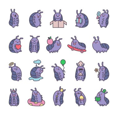 Woodlouse cartoon character set depicting cute isopods experiencing positive emotions and poses including greeting, birthday celebration, cooking food, skateboarding, reading books