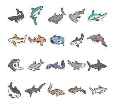 Adorable set of various shark species with different shapes, expressions, strong movements, and diverse poses, perfect for yours marine themed character designs and underwater illustrations