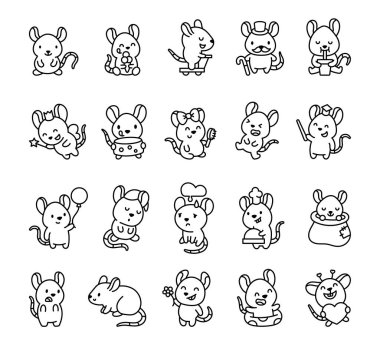 Adorable rat character set featuring various emotions, accessories, and activities, including smiling, sleeping, eating, drinking, holding objects, in a cute kawaii cartoon style