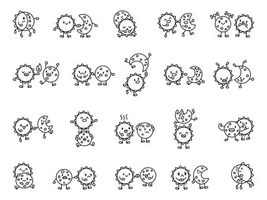Adorable sun and moon relationship set featuring cute cartoon characters with different emotions, charming expressions, and celestial interactions showing friendship and cosmic connections