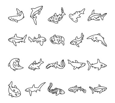 Adorable set of various shark species with different shapes, expressions, strong movements, and diverse poses, perfect for yours marine themed character designs and underwater illustrations