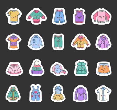 Cute and charming clothes set featuring adorable cartoon characters with expressive emotions, stylish outfits, and fashionable designs for casual, sporty, and cozy looks for yours projects