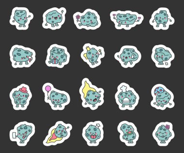 Adorable meteor character set with various emotions, cute accessories, and charming expressions, floating through cosmic space, in a fun kawaii cartoon style with magical elements