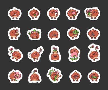 Chestnut flower character set featuring adorable expressions, charming emotions, and various cute poses with delightful elements like bouquets, pots, and fairy magic wand