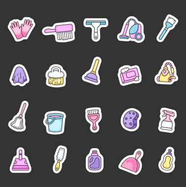 Cleaning stuff set for household hygiene and sanitation, featuring essential tools like brushes, vacuum cleaner, mop, gloves, and detergents for effective maintenance and chores for yours projects