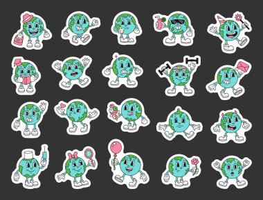 Sevimli gezegen karakteri seti duyguları, şık görünüşü, neşeli ruh halleri, neşeli hareketleri, sevgi dolu anları, fitness enerjisi, neşeli selamları ve hoş aksesuarları gösteriyor.