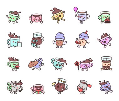 Kahve severler, kafeler, baristalar, tatlılar, içkiler, duygular, kutlamalar, kahvaltı, mutluluk, yaratıcılık için komik çizgi film karakterleri olan sevimli kawaii kahve fincanları.